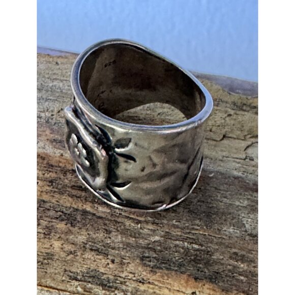 Handcrafted Israel 925 Sterling Silver Flower Design Wide Band Ring Size 6 - Picture 6 of 8